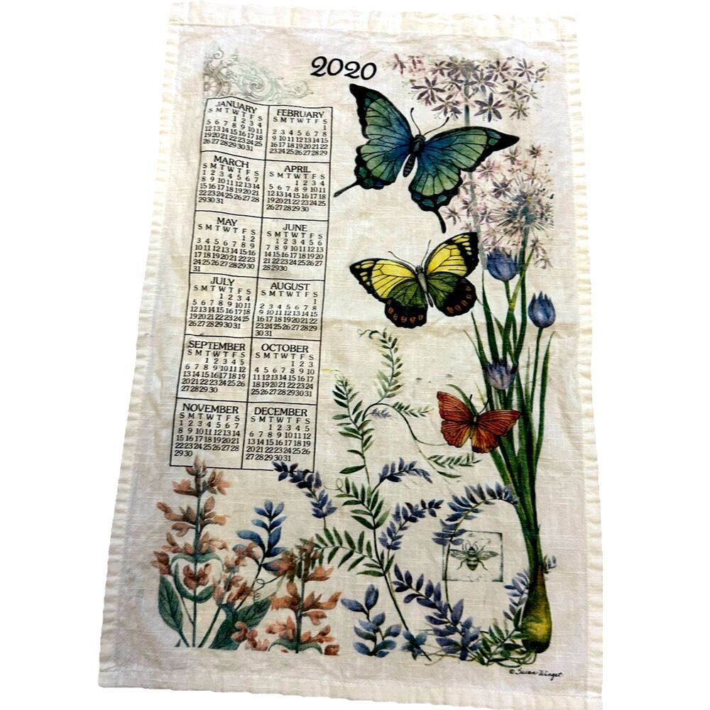 KITCHEN CALENDAR TEA TOWEL-LINEN Butterflies Garden Floral 2020 Susan Winget